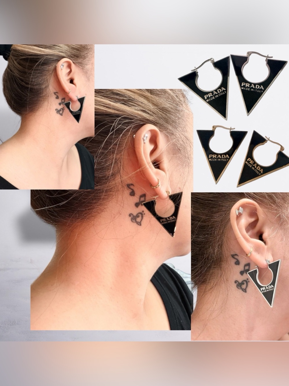 Fashion Prada Black Silver Triangle Hoop Earrings - Women Jewelry